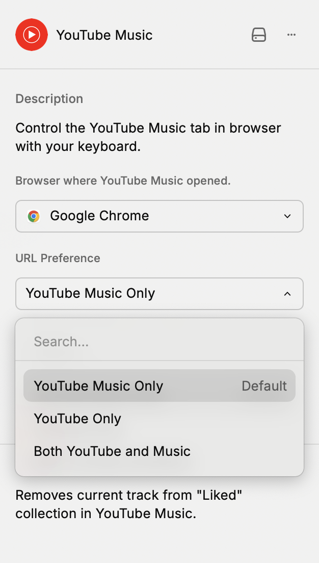 Youtube Music mit Raycast URL Präferenz